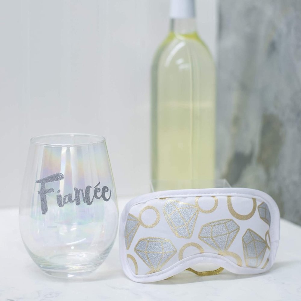 Fiancee Metallic 20 ounce Stemless Wine Glass and Eye Mask Set! New! For brides!